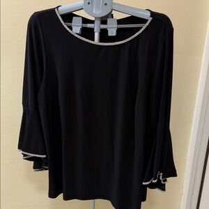 MSK Black Blouse with Rhinestone Trim and Flared Sleeve Detail